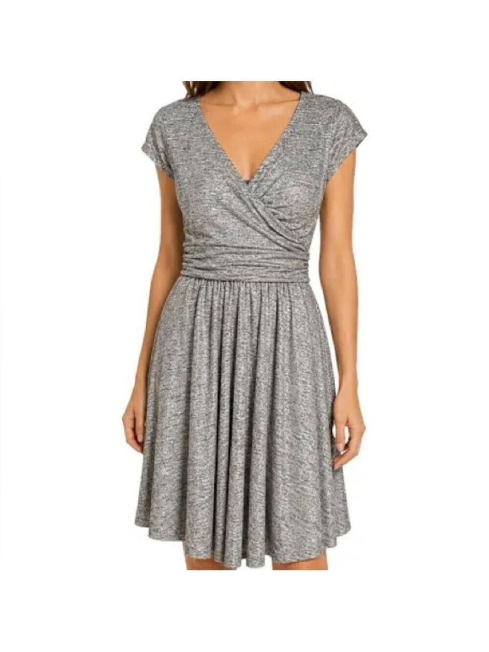 Anthropologie Maeve Silver Metallic V‑Neck Cap Sleeve Midi Dress XS
